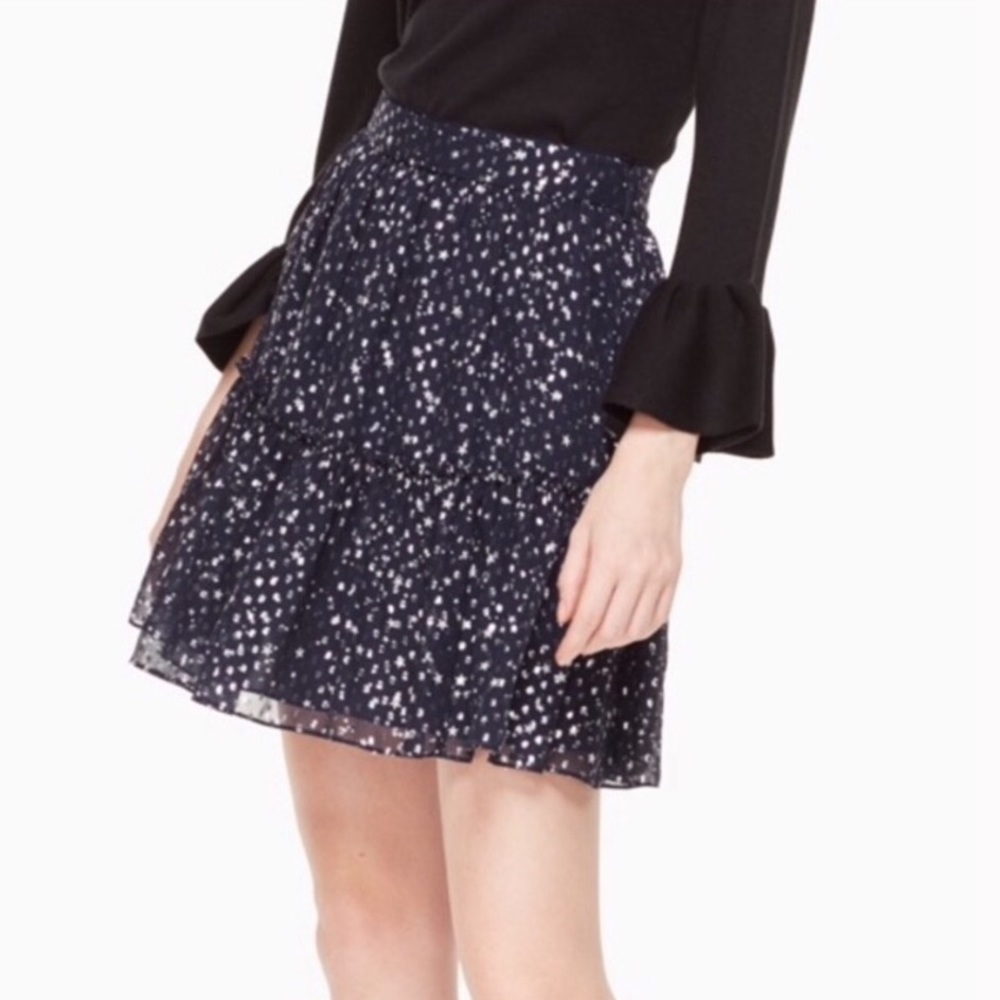 Kate Spade Women’Night Lurex Dot Stars Navy Silver Ruffles Silk Mini Ski…